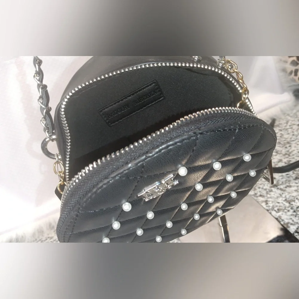 NWT Badgley Mischka Round Quilted Pearl Studded Small Black Crossbody Bag